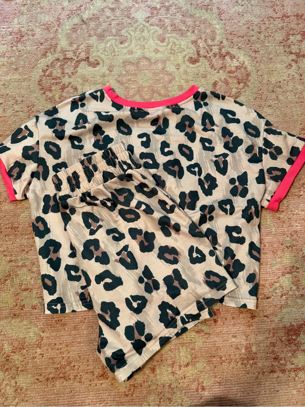 Leopard Print Short Sleeve Tee in Beige with Pink Trim short set